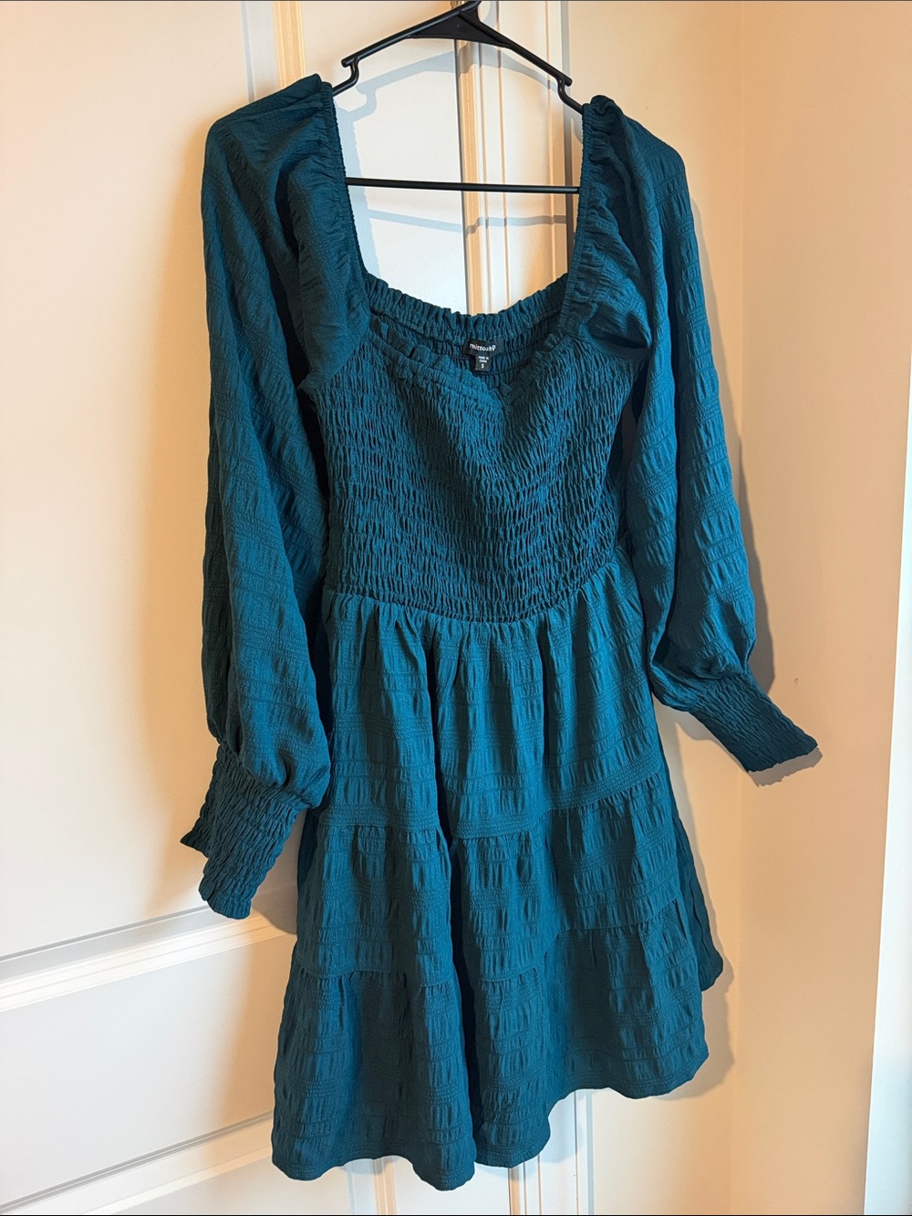 mittoshop Teal Smocked Long Sleeve Tiered Mini Dress